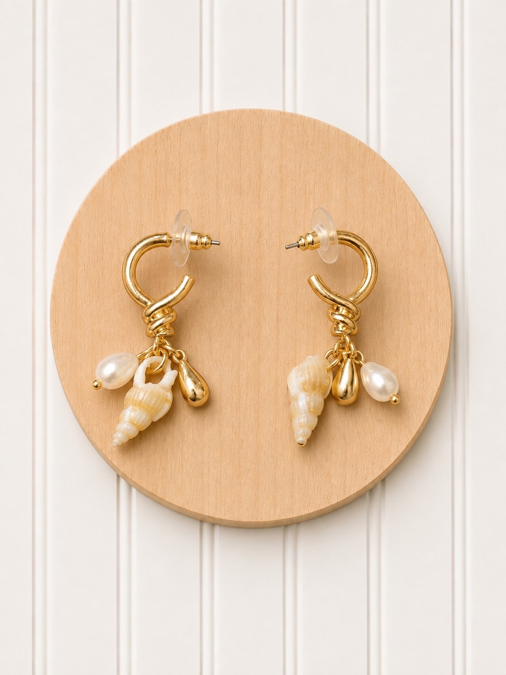 Gold Shell & Pearl Drop Hoop Earrings